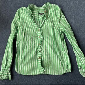 Talbots Green and White Striped Ruffle-Front Blouse